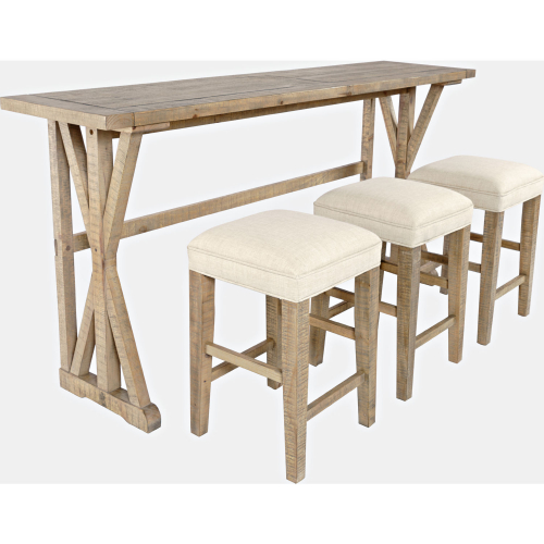 Crossing Counter Height Sofa Table Set w/ 3 Stools in Distressed Pine & Fabric